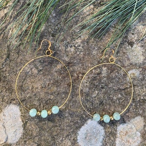 Aventurine Hoop Earrings, Vintage Green Aventurine Beads, One of a Kind, Big and Bold Beaded Hoops, Gold tone,