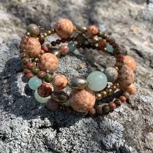 Unakite, Aventurine, Jasper, Memory Wire Bracelet, Vintage Beads, Upcycled, Brass tone accents, 3 strand wrap style.