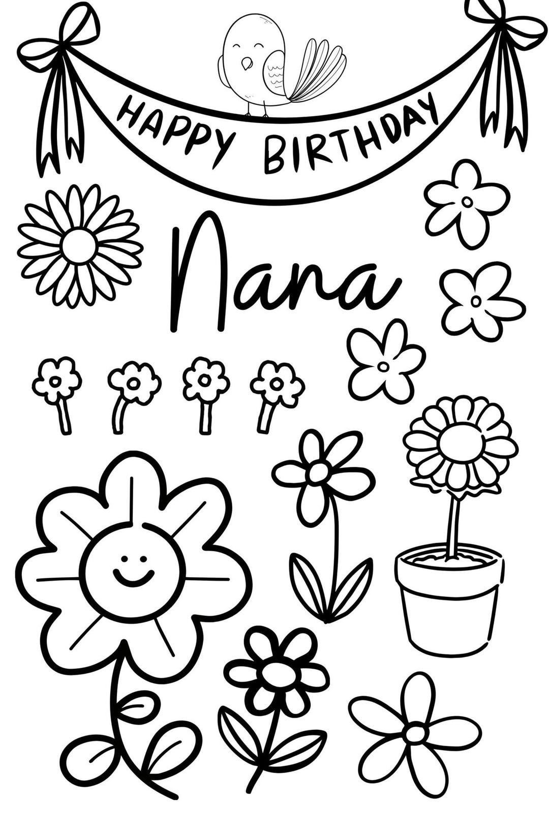 Printable Happy Birthday Nana Card Colourin Activity Jpeg File Etsy