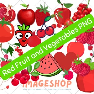 Clipart de frutas e vegetais vermelhos, imagens digitais para download, imagens para impressão, gráficos, artesanato, imprimíveis, diários, álbuns de recortes, fofos