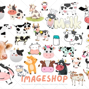 Ilustracje krów Clip Art, Pobieralne obrazy cyfrowe, Obrazy do druku, Grafika, Rzemiosło, Materiały do druku, Dzienniki, Albumy, słodkie