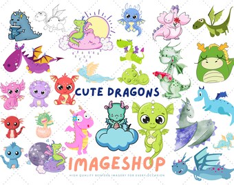 Cute Dragon Clipart, Printable Dragon Illustrations (Digital Download)