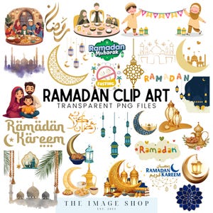 May include: A collection of Ramadan-themed clip art featuring illustrations of families, crescent moons, lanterns, and text. The text includes "Ramadan Mubarak", "Ramadan Kareem", and "Ramadan Clip Art". The images are in various colors, including gold, blue, and orange.