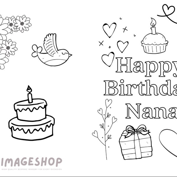 Nana Birthday Card, Happy Birthday, Colour In Card, Instant Download, Printable Card, Colouring Card, Greeting Card, Kids, personalised card