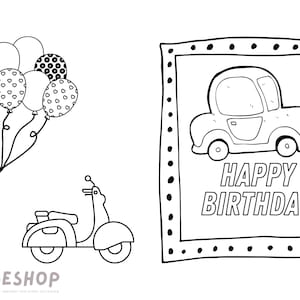 birthday card, happy birthday, colour in card, instant download, printable card, colouring card, greeting card, personalised card, kids