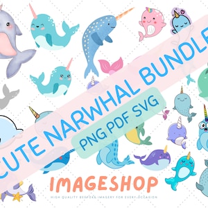 Schattige narwallen illustraties, PNG PDF SVG downloadbare digitale afbeeldingen, afdrukbare afbeeldingen, grafisch, ambacht, printables, tijdschriften, plakboeken, schattig