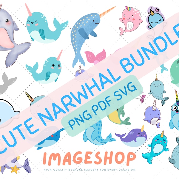 Cute Narwhals Clip Art, PNG PDF SVG Downloadable Digital Images, Printable images, Graphic, craft, Printables, Journals, Scrapbooks, cute