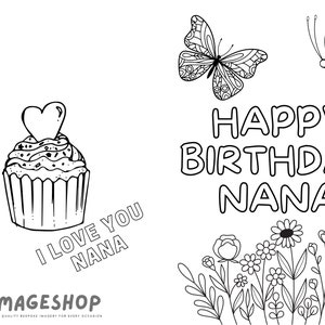 Verjaardagskaart, Happy Birthday Nana, kleur in kaart, Instant Download, afdrukbare kaart, kleurkaart, wenskaart, kinderen, gepersonaliseerde kaart