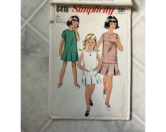 Sz 8 Darling VTG 60s SIMPLICITY 6418 Girls Drop Waist Dress 3 Variations PATTERN