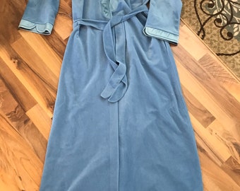 1970 Vanity Fair Blue Faux Velvet long Robe with Tie Satin Cuffs and Collar