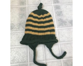 Gorro tejido a mano con orejeras para niño pequeño, lana, verde, rayas doradas, 6 meses - 2 años