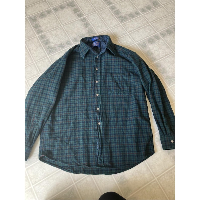 Vintage Pendleton Wool Flannel Shirt USA Plaid Button Up Men's Large Green Blue imagen 1