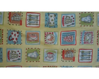 May include: A yellow fabric with a repeating pattern of coffee-themed illustrations. Each square features a different design, including coffee cups, spoons, forks, and a croissant. The illustrations are outlined in various colors, such as red, blue, and green.