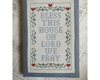 Cross Stitch Finished 9x13 Bless This House O Lord we Pray Home VTG 1983 Mounted