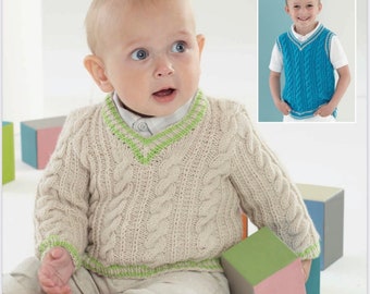 Sirdar 4878, padrão de tricô de suéter, padrão de tricô de regata, padrão de tricô de jumper para meninos, padrão de tricô para bebê, tricô para crianças de 0 a 7 anos