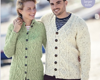 Sirdar 8101, padrão de tricô aran, cardigã masculino e feminino, download instantâneo de pdf