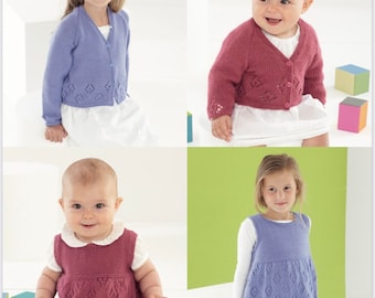 Sirdar 4881, padrão de tricô para meninas dk, padrão de tricô para meninas dk de 0 a 7 anos, padrão de tricô para meninas, padrão de avental dk para meninas