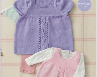 Sirdar 4885, padrão de tricô bebê 4 camadas, vestido de bebê e padrão de tricô avental, padrão bebê prematuro 4 camadas