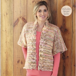 May include: A woman wearing a chunky knit cardigan in shades of beige, pink, and yellow. The open-front cardigan features a cable knit design along the edges. The text "TUNDRA SUPER CHUNKY" is visible at the bottom of the image.