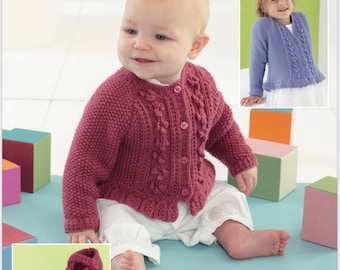 Sirdar 4879, padrão de tricô bebê dk, padrão de tricô de cardigan para meninas, cardigã infantil de 0 a 7 anos