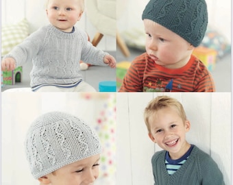 Sirdar 4889, suéteres e chapéus para meninos padrão de tricô DK, download instantâneo de pdf