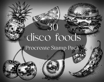 Disco Food Procreate Stamp Pack | Mirror Ball Fruit & Food | Tattoo Flash Stamps