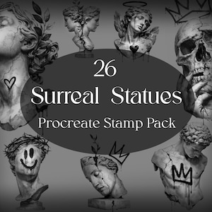 以下が含まれることがあります： 落書き風のアクセントが施された、シュールな彫像の白黒画像。画像には、ハート、王冠、笑顔の顔が描かれた古典的な人物の胸像が含まれています。テキストには「26 Surreal Statues Procreate Stamp Pack」と書かれています。
