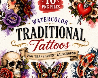 Watercolor Traditional Tattoo Flash PNG Bundle | 16 Vintage Designs (Digital Download)