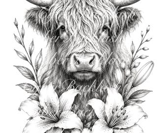 Highland Cow Floral Tattoo Design | Fine Line Illustration, Stencil (Digital Download)