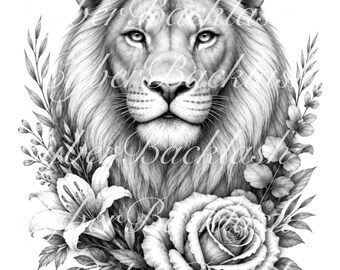 Realistic Lion Floral Tattoo Design with Stencil (Digital Download)