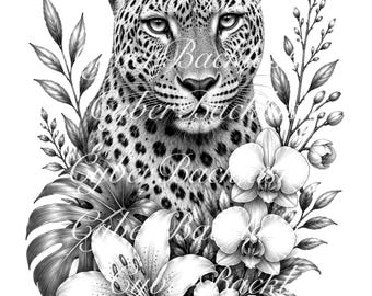 Leopard Floral Tattoo Design with Stencil | Black & Grey Fine Line Flash (Digital Download)