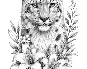 Snow Leopard Floral Tattoo Design | Fine Line Black & Grey Flash (Digital Download)