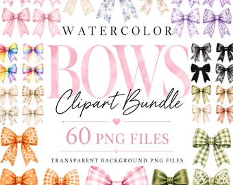 Watercolor Bows Clipart Bundle | 60 PNG Files | Coquette Ribbon Clipart | Transparent Background