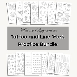 May include: A collection of black and white tattoo practice sheets. The sheets feature various designs, including butterflies, flowers, and line work patterns. The text "Tattoo Apprentice, Tattoo and Line Work Practice Bundle" is displayed in the center.