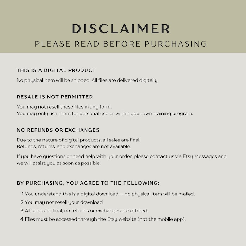 May include: A digital disclaimer document with the title "DISCLAIMER" in a bold, black font. The text explains the product is digital, resale is not permitted, and no refunds or exchanges are offered. The document is on a light beige background.