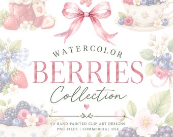 Watercolor Berries Clipart PNG Bundle. Strawberry, Raspberry, Blackberry & Blueberry. Transparent Background