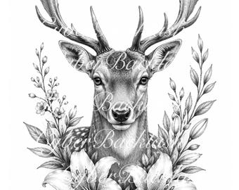 Fallow Deer Floral Tattoo Design with Stencil | Black & Grey Fine Line Flash (Digital Download)