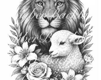 Lion and Lamb Floral Tattoo Design with Stencil Black & Grey Floral Wildlife (Digital Download)