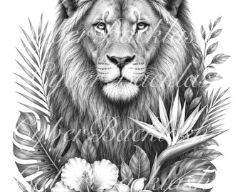 Realistic Lion Tropical Florals Tattoo Design with Stencil (Digital Download)