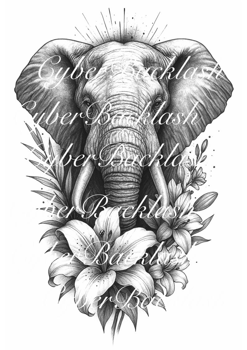 Realistic Elephant Tattoo Design: Black & Grey Floral Wildlife, Pro ...