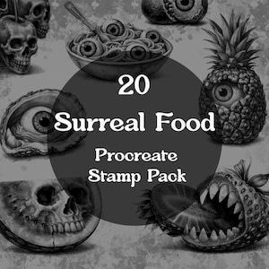 Puede incluir: Ilustración en escala de grises con alimentos surrealistas, como una piña con un ojo, un plato de espaguetis con globos oculares y una rodaja de sandía con una calavera. El texto dice "20 Surreal Food Procreate Stamp Pack."