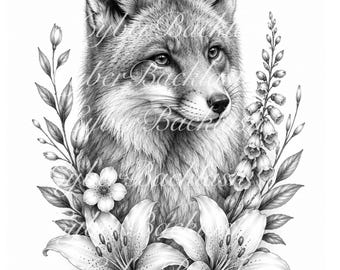 Red Fox Floral Tattoo Design with Stencil | Black & Grey Fine Line Flash (Digital Download)
