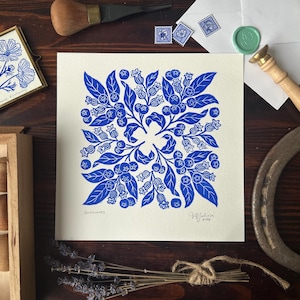 Blueberry Botanical Pattern Linocut Artwork - Summer Season