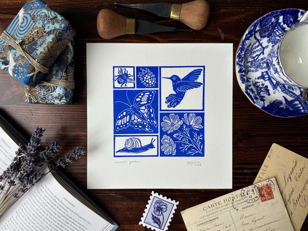 Patchwork Linocut Ultramarine Blue Summer Garden Botanical Patchwork Linocut Artwork ...