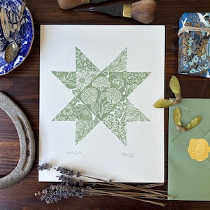 Marigold Quilt Botanical Linocut Print - Floral Artwork