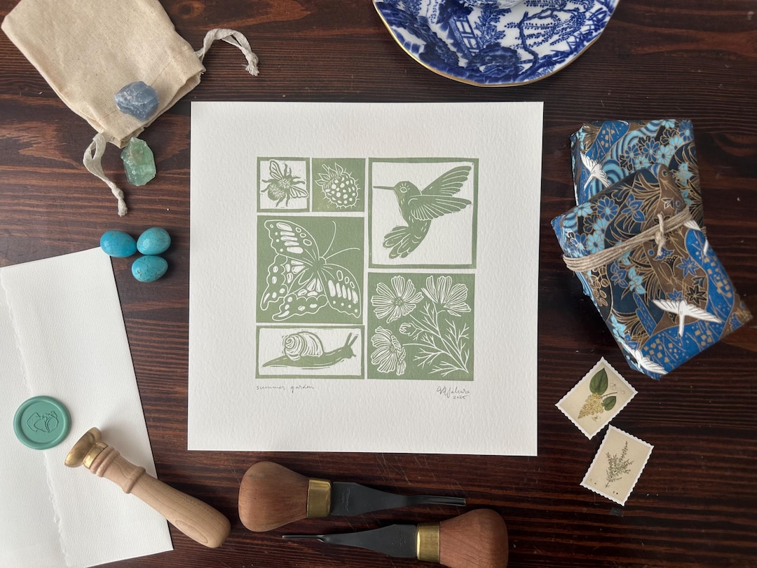 Summer Garden Botanical Patchwork Linocut Artwork - Hummingbird - Etsy