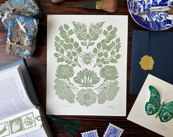 Bee Botanical Linocut Print - Symbolic of Motherhood using the Victorian Language of Flowers