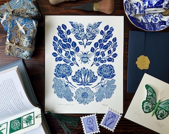 Bee Botanical Linocut Print - Symbolic of Motherhood using the Victorian Language of Flowers