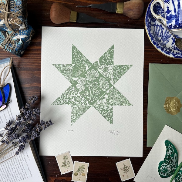 Cosmos Quilt Botanical Linocut Print - Floral Artwork