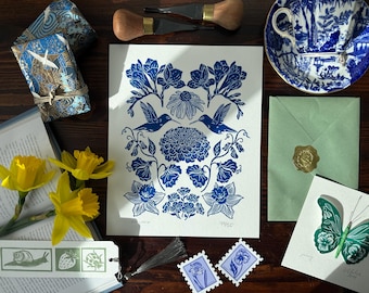 Hummingbird Botanical Linocut Print - Symbolic of Friendship using the Victorian Language of Flowers